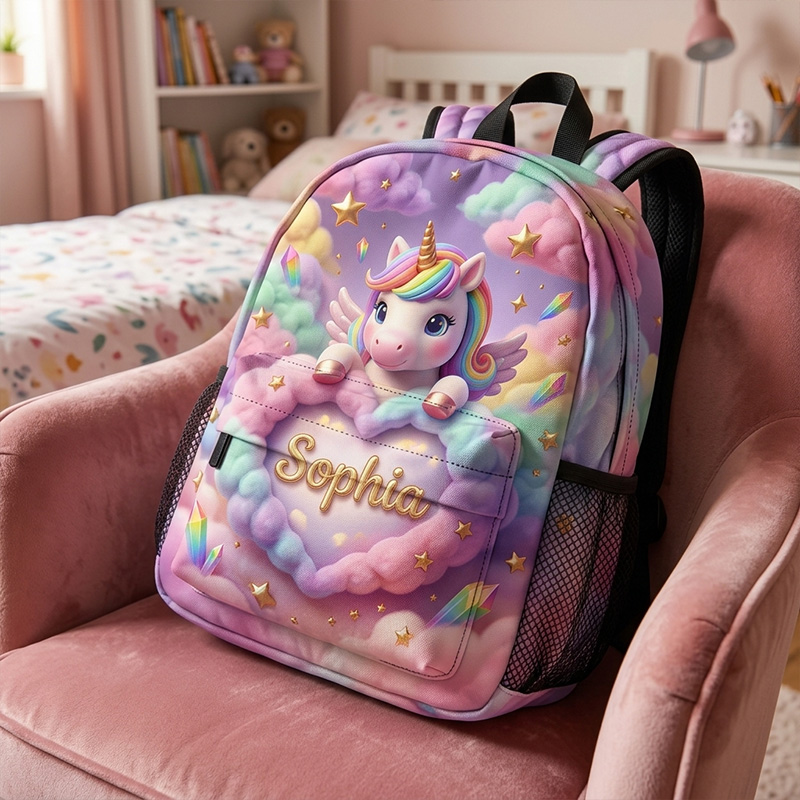Personalized Rainbow Horse Kids Backpack Themed Magical Fantasy School