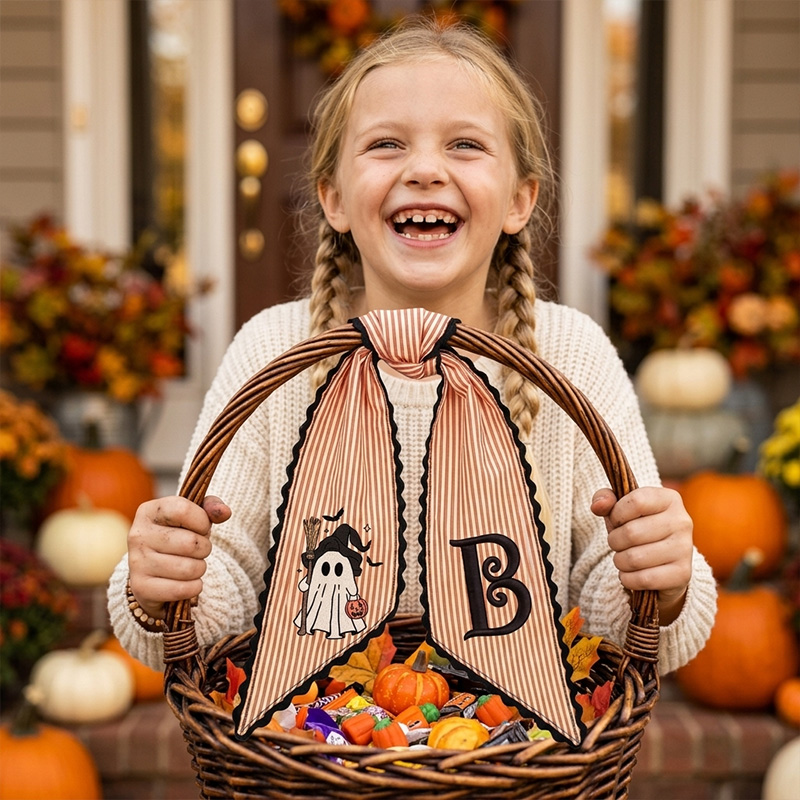 Personalized Embroidered Witch Ghost Halloween Wreath Sash Ghost Monogram Ribbon Themed Spooky Fall Decor Design Custom Initial For Door Halloween Wreath Sash