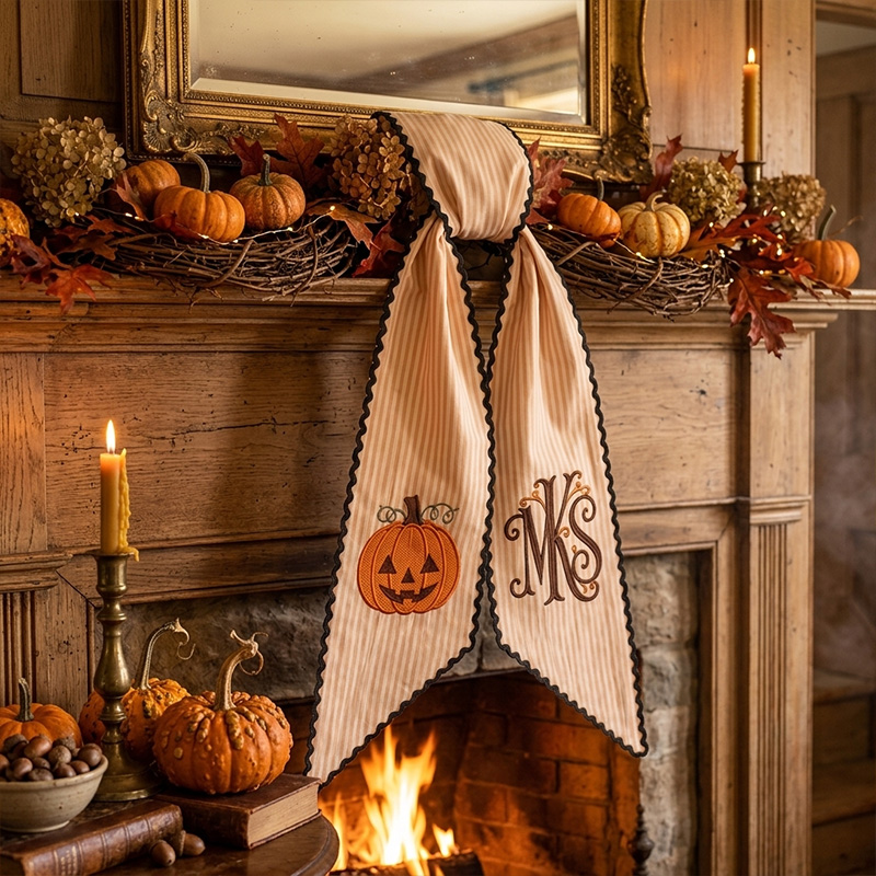 Personalized Embroidered Pumpkin Monogram Ribbon Themed Fall Harvest Decor Design Custom Initial For Door Halloween Wreath Sash