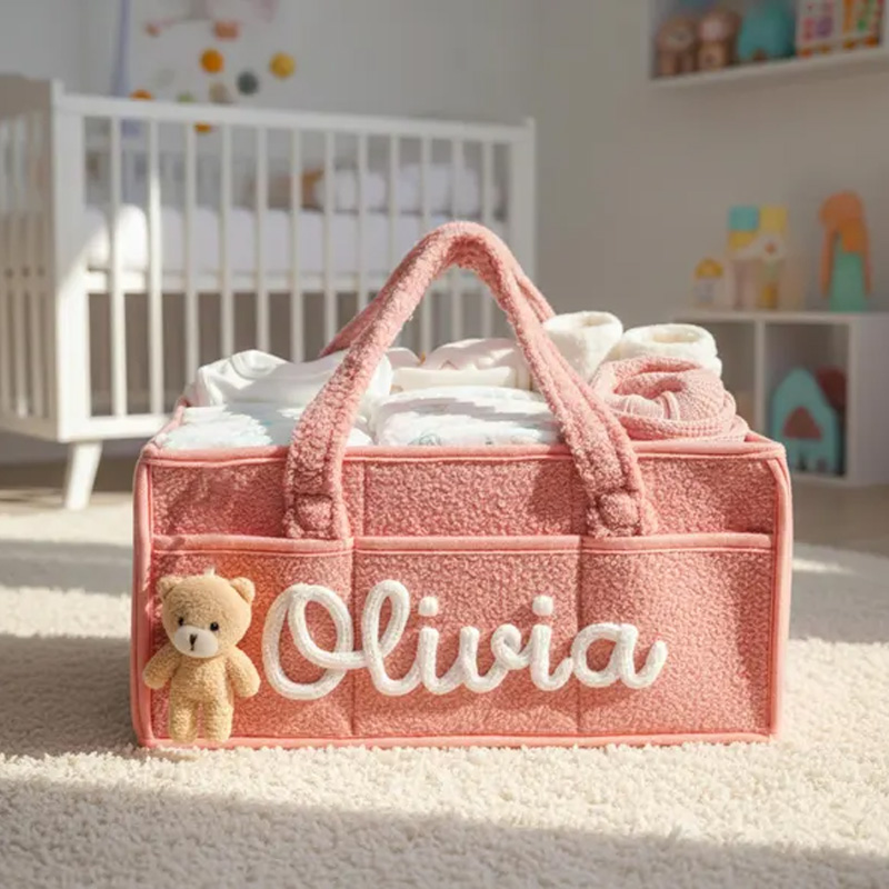 Personalized Plush Baby Storage Basket Soft Bin Side Pockets Custom Nursery Organizer with Charm