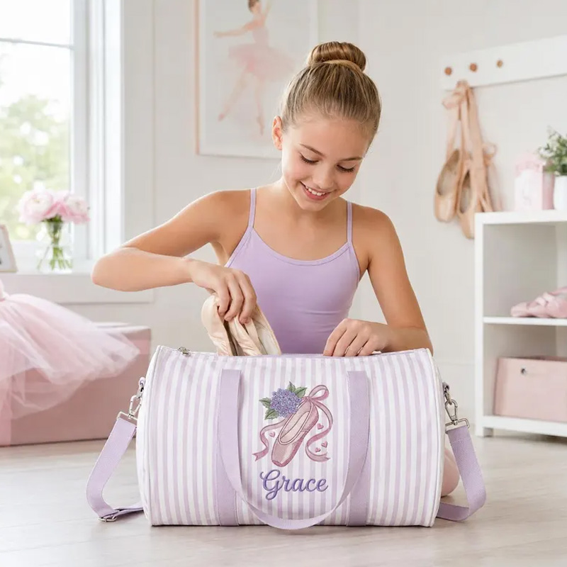 Personalized Embroidery Ballet Shoes Design Quilted Kids Overnight Duffel Shoulder Tote Dance Gym Bag