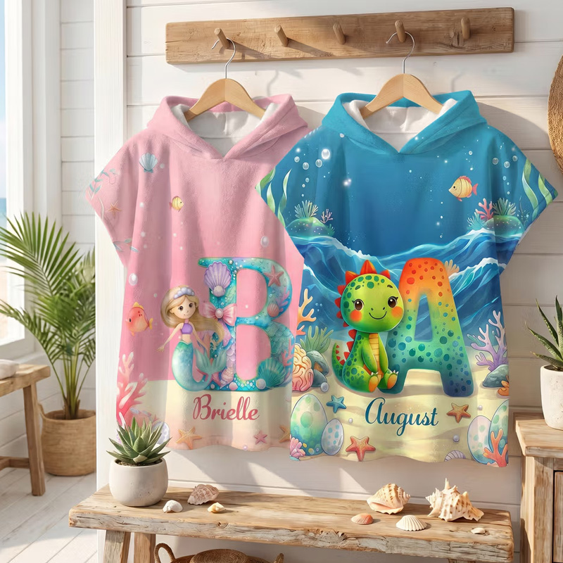 Personalized Dinosaur Mermaid Soft Kids Hooded Beach Towel with Name and Initial Beach Party Summer Vacation Birthday Gift for Boys Girls