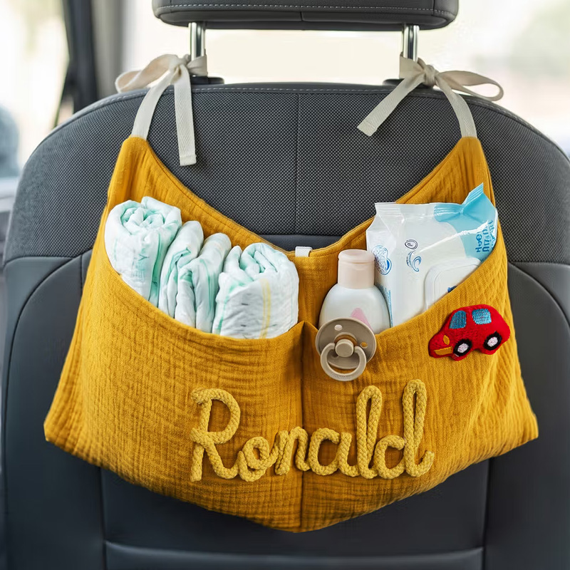 Personalized 100% Cotton Crib Organizer Bag Hanging Storage Car Backseat Pouch Nursery Decor Baby Shower Birthday Gift for Newborn New Parent