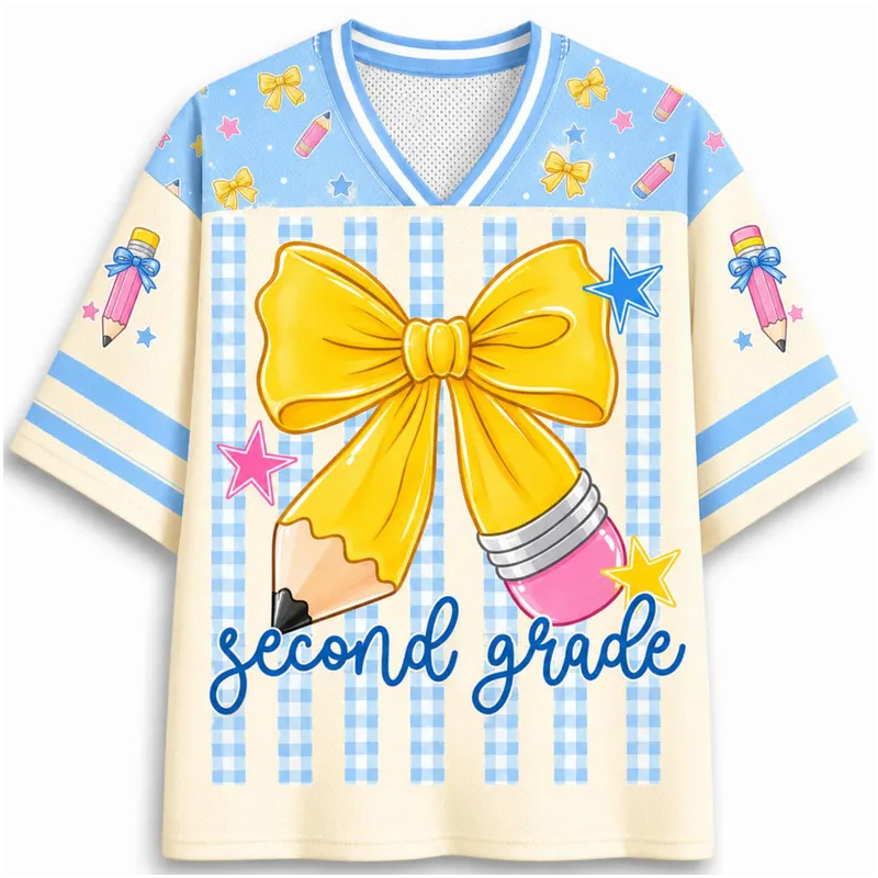 Personalized Grade Back To School Yellow Bow Kids Jersey Cute Pastel Stripes Stars Hearts Fun Classroom Outfit