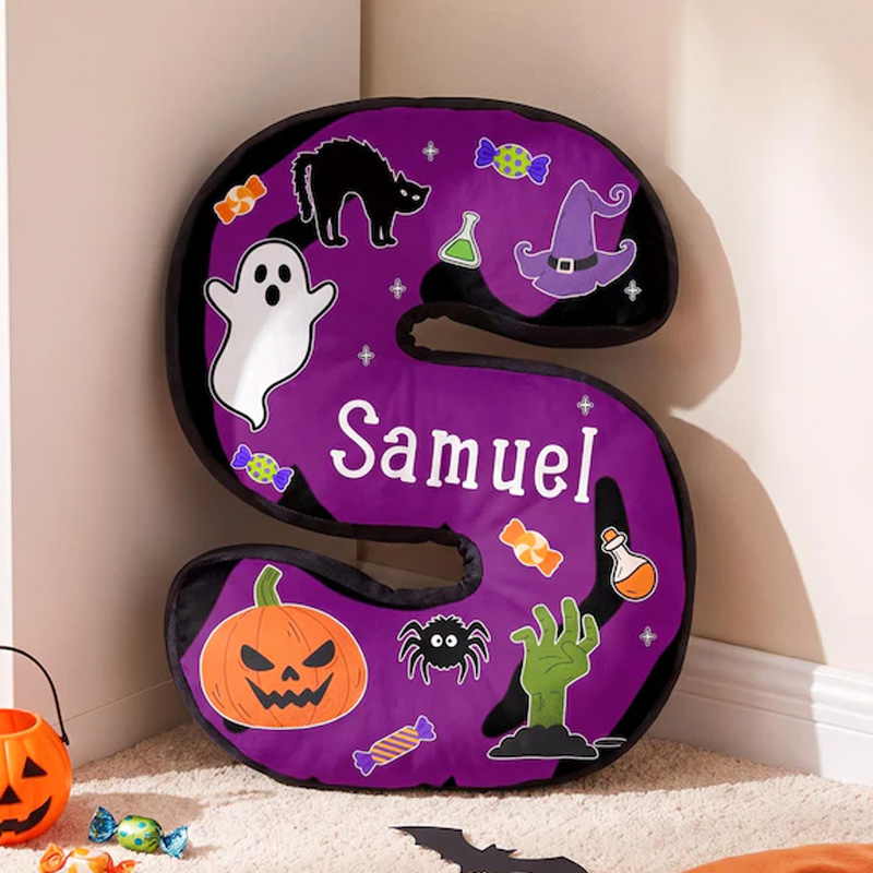 Personalized Halloween Alphabet Initial Name Cushion With Cute Ghost Pumpkin Spider Bat And Candy Kids Bedroom Decorative 3D Print Pillow