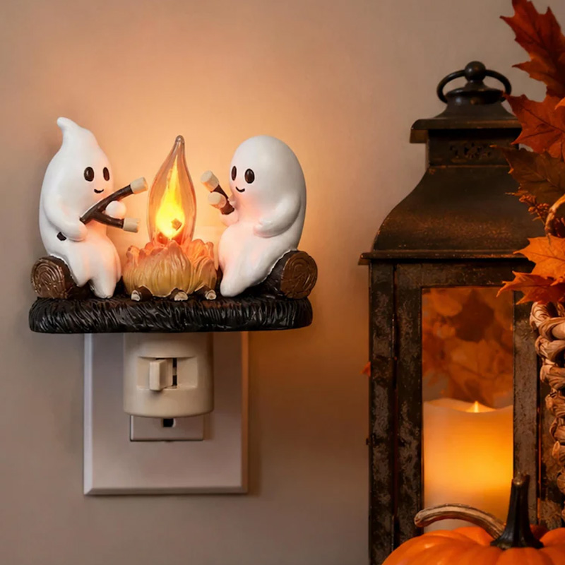 Personalized Halloween Ghost Campfire Plug In Night Light With Cozy Warm Glow Kids Bedroom Nursery Decor