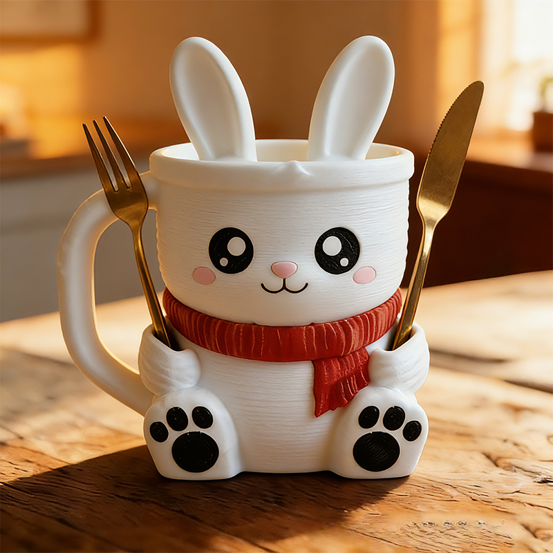 Cartoon Red Scarf Rabbit Ice Cream Pint Holder 3D Printed with 2 Spoon Slots Cozy Birthday Gifts for Kids