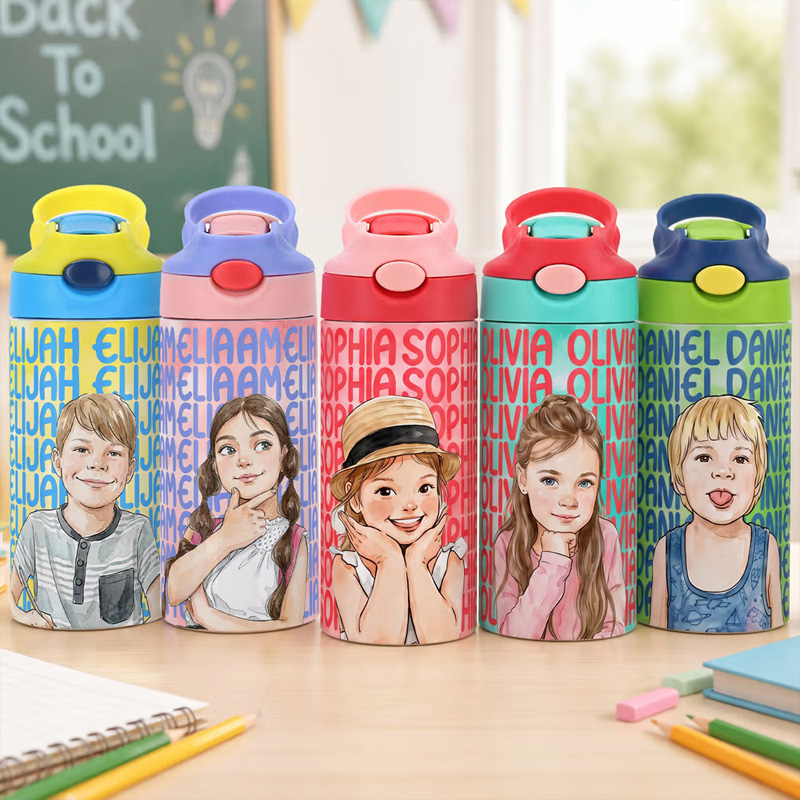 Personalized Watercolor Style Photo 12 oz Insulated Water Bottle with Name and Straw Daily Use Back to School Birthday Gift for Kids Boys Girls