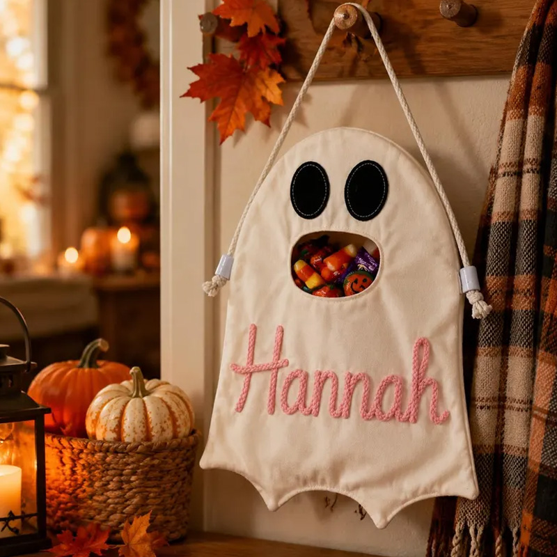 Personalized Rope Embroidery Ghost Halloween Candy Bag Custom Name Trick or Treat Bucket