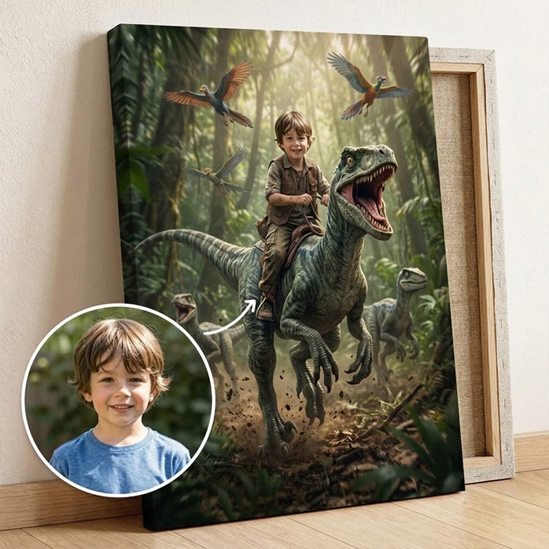 Personalized Dinosaur Adventure Canvas Custom Photo Kid Riding Raptor Jungle Wall Art For Boys Room Decor