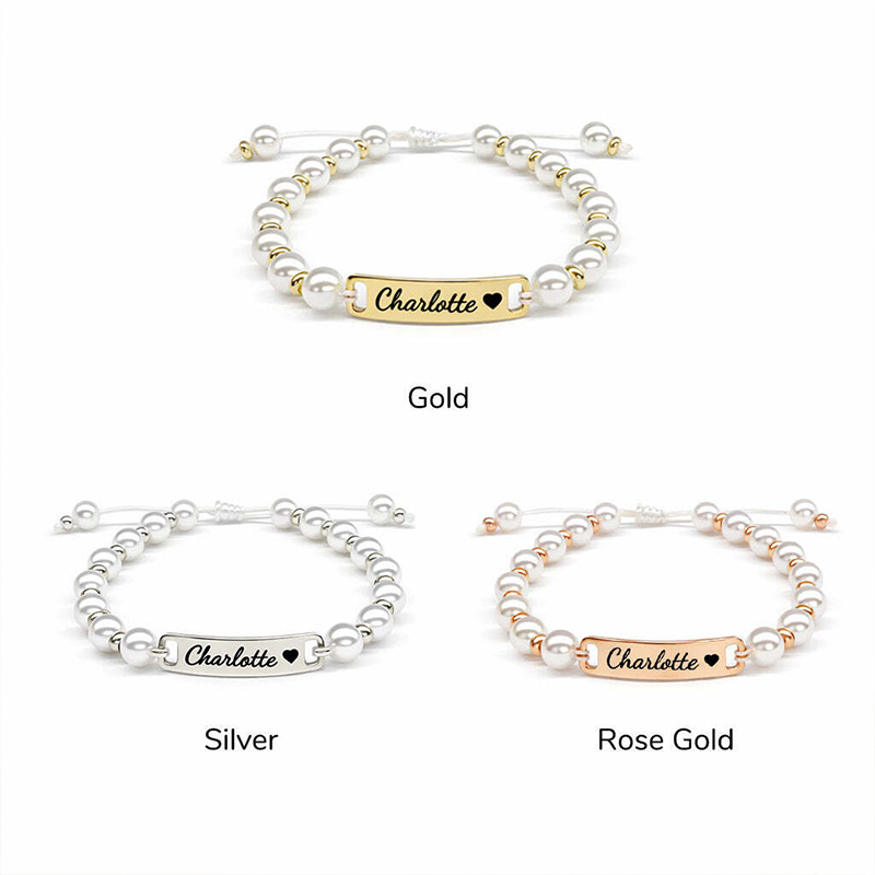 Personalized Baby Name Pearl Bracelet Custom Engraved Gold Bar Newborn Baptism Gift Keepsake For Girls Boys