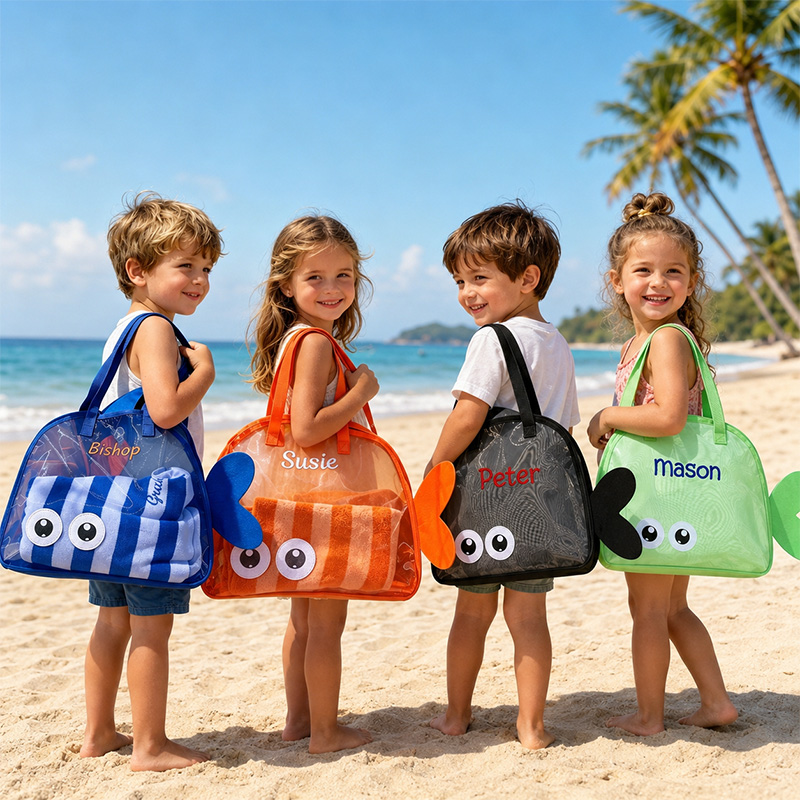 Personalized Kids Beach Toy Bag Cute Fish Mesh Tote With Name Sandproof Storage For Sand Toys Pool Trips