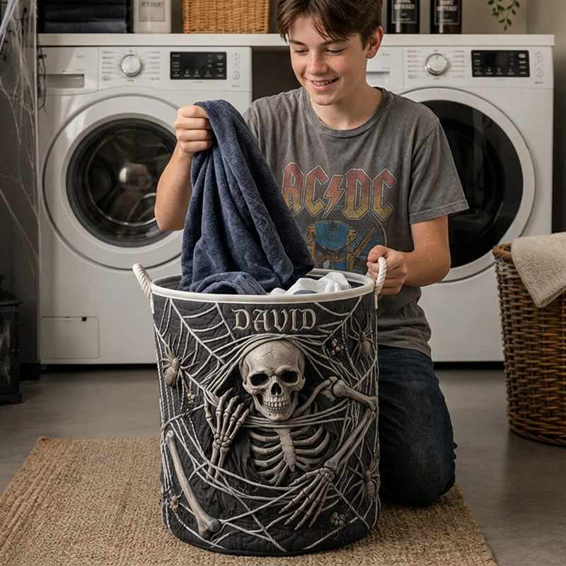 Personalized Halloween Skeleton Laundry Basket Spooky Skull Storage Bin Custom Name Clothes Hamper For Home Gift for Kids