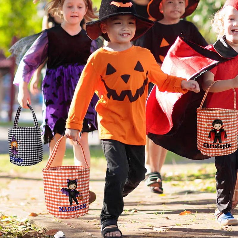 Personalized Halloween Trick Or Treat Bag Gingham Vampire Candy Bucket Custom Name Reusable Kids Treat Tote