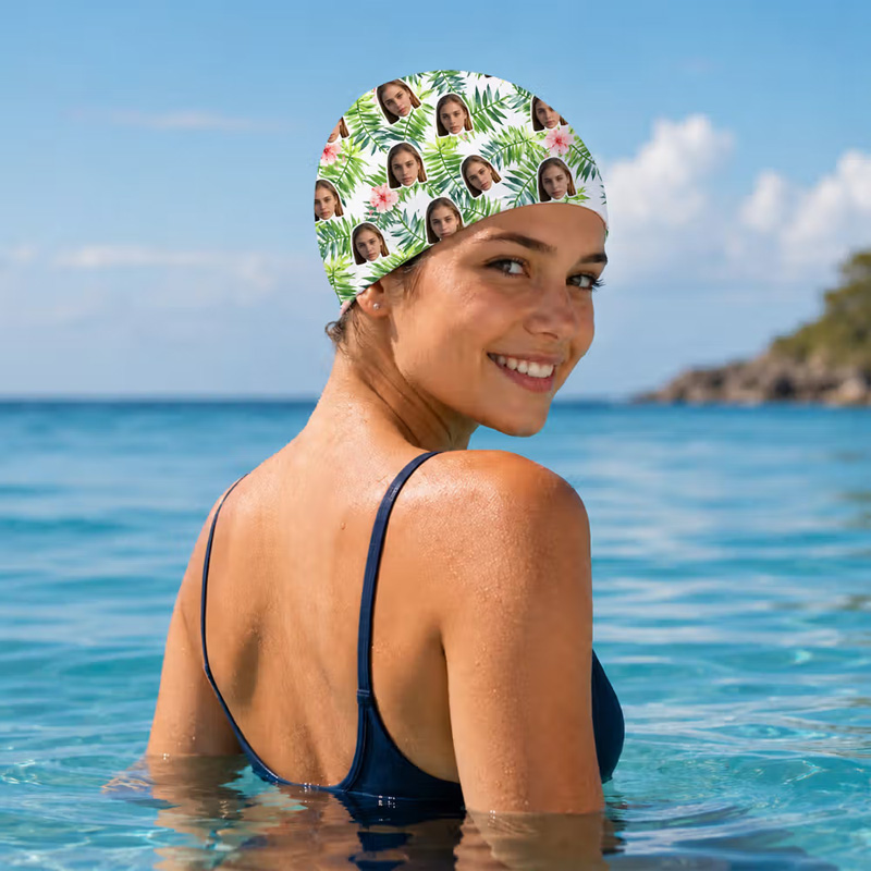 Personalized Hawaii Style Flower Leaf Face Photo Comfortable Swim Cap Swimming Accessory Birthday Pool Party Gift for Kids