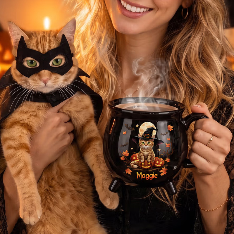 Personalized Halloween Style Pet Photo Pumpkin Cauldron Ceramic Coffee Mug with Name and Handle Halloween Party Birthday Gift for Pet Owners Lovers