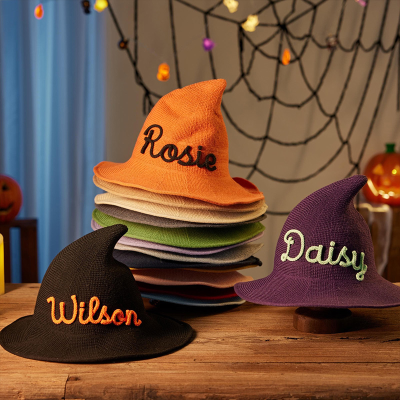Personalized Kids Witch Hat Custom Name Halloween Costume Accessory Matching Sibling Black Pointed Hat