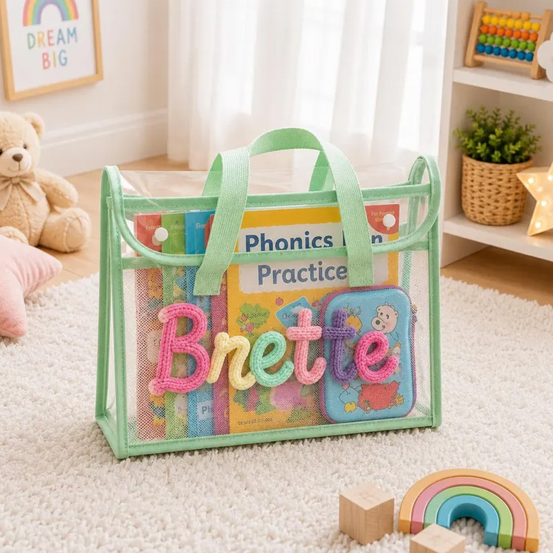 Personalized Rope Embroidery Kids Learning Tote Bag Custom Name Storage For Books Toys School And Travel