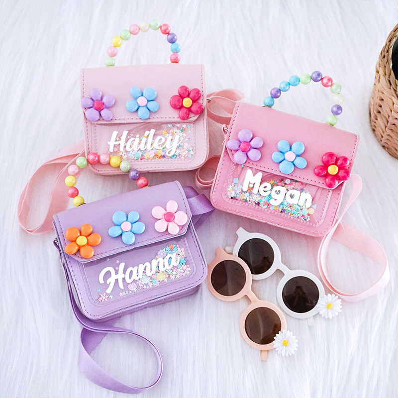 Personalized Kids Crossbody Flower Purse Custom Name Glitter Handbag Rainbow Beaded Handle Gift for Gilr