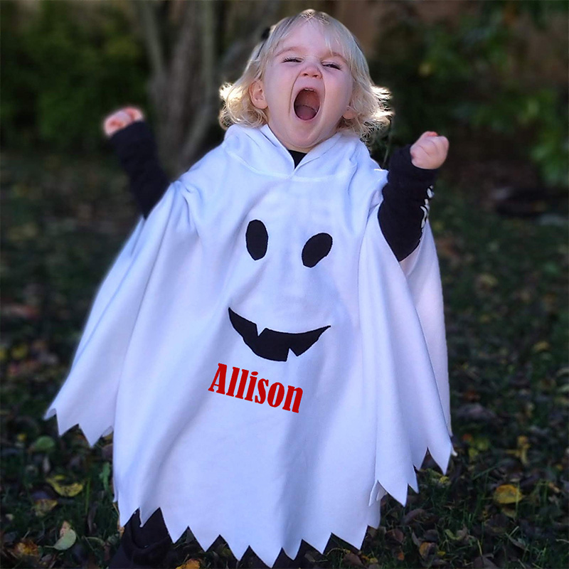 Personalized Kids Ghost Costume Cape Custom Name White Boo Poncho Halloween Outfit For Toddlers And Children