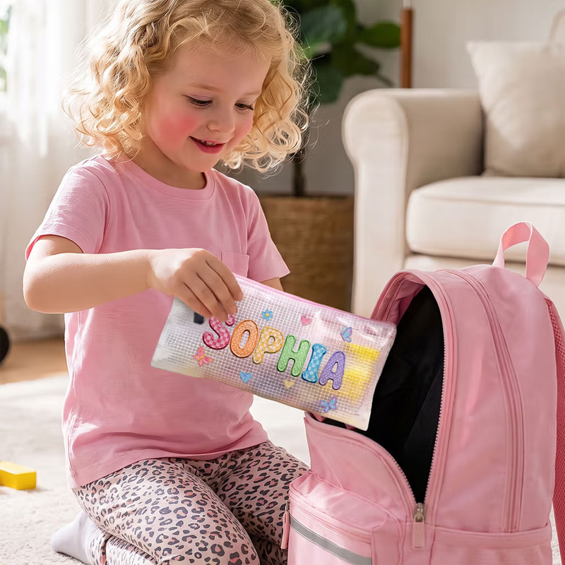 Personalized Oil Painting Style Butterfly Heart Waterproof Portable Mesh Pencil Pouch with Name and Zipper Back to School Birthday Gift for Kids