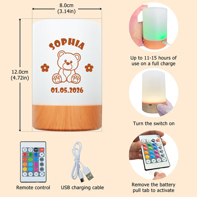 Personalized Animal Dimmable Touch Control USB Rechargeable Night Light with Name and Date Bedroom Decor Daily Use Birthday Anniversary Gift for Kids