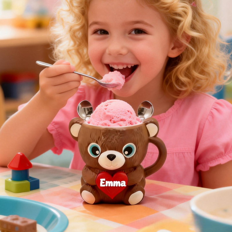 Personalized Cartoon Heart-Shaped Bear Ice Cream Pint Holder 3D Printed with 2 Spoon Slots Cozy Birthday Gifts for Kids