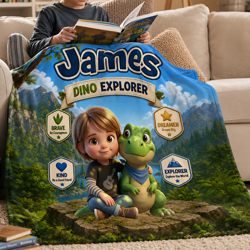 Personalized Cartoon Kid Photo Fantasy Rainbow Horse Dinosaur Adventure Soft Throw Blanket with Name Home Decor Back to School Birthday Gift for Kids