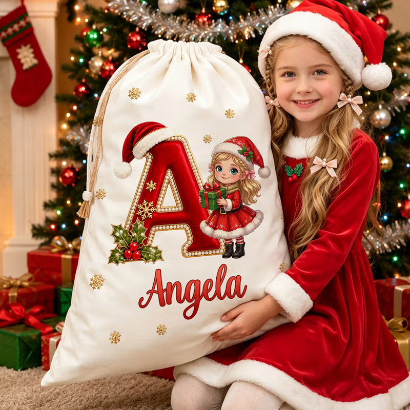 Personalized Photo Design Santa Claus Gift Bag with Name and Initial Christmas Gift for Family Friends
