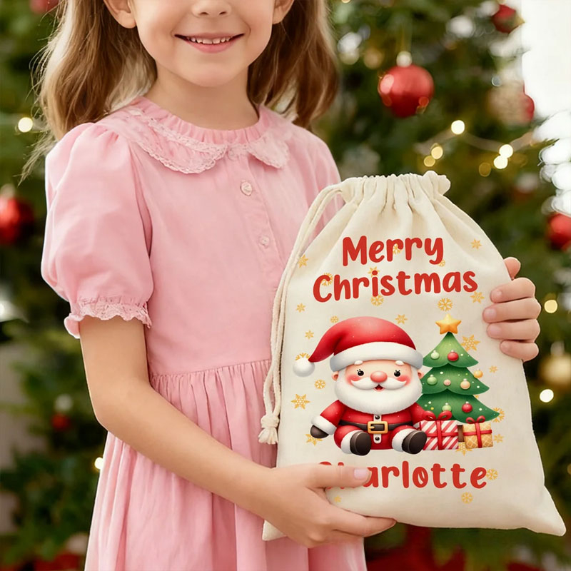Personalized Cute Cartoon Santa Claus Snowflake Drawstring Christmas Gift Bag with Name Merry Christmas Gift for Kids Family
