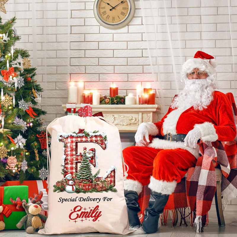 Personalized Plaid Initial Christmas Bag with Festive Snowman and Custom Name for Special Holiday Deliveries Christmas Bag