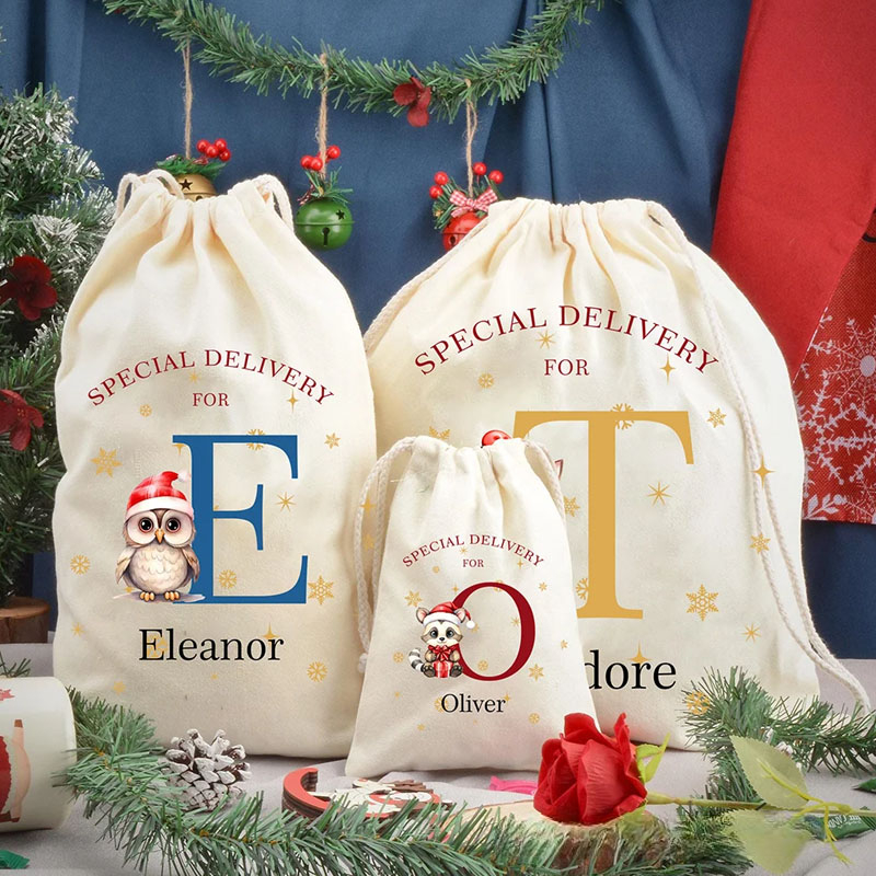 Personalized Special Delivery Christmas Theme Animal Pattern Drawstring Canvas Gift Bag with Name Christmas Gift for Kid