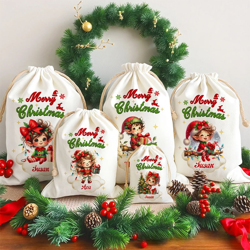 Personalized Merry Christmas Cute Cartoon Elf Canvas Drawstring Gift Bag with Name Christmas Party Favors for Kids Family