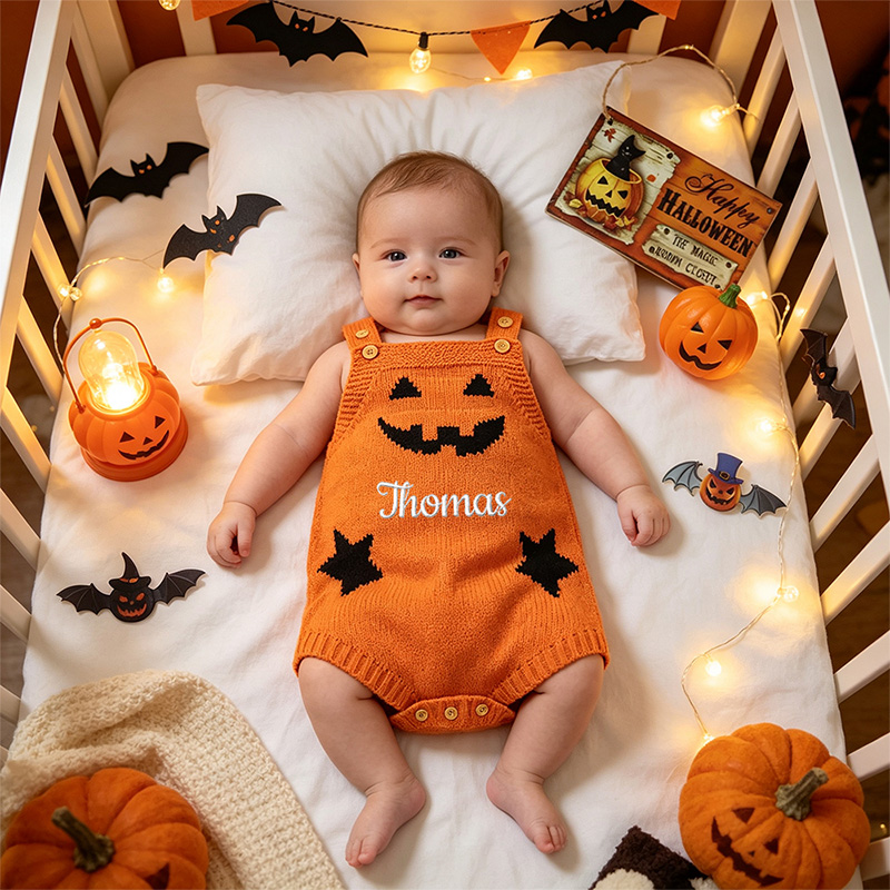 Personalized Baby Knitted suspenders Romper Halloween Pumpkin Jack O Lantern Outfit Custom Name Sleeveless Jumpsuit Costume