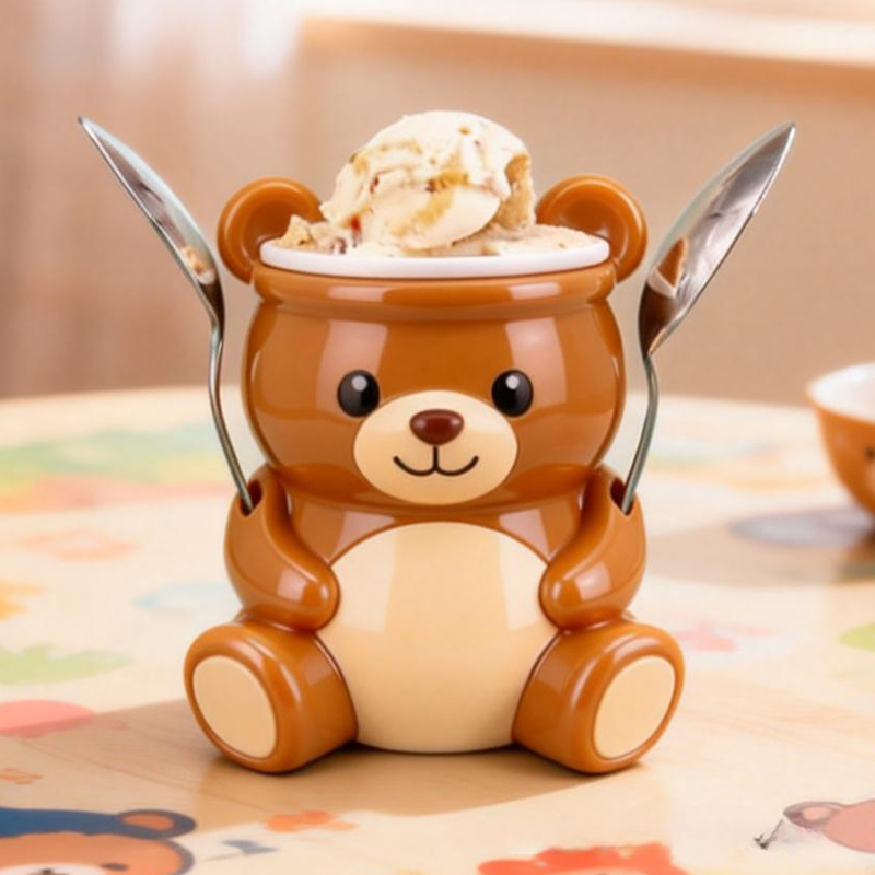 Cute Brown Bear Ice Cream Pint Holder 3D Printed with 2 Spoon Slots Cozy Birthday Gifts for Kids