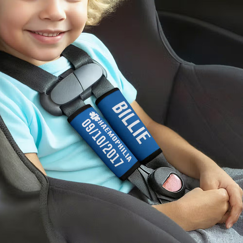 Personalized Multicolor Emergency Alert Carseat Straps with Name and Text Set of 2 Birthday Caring Gift for Allergy Autism Kids Family