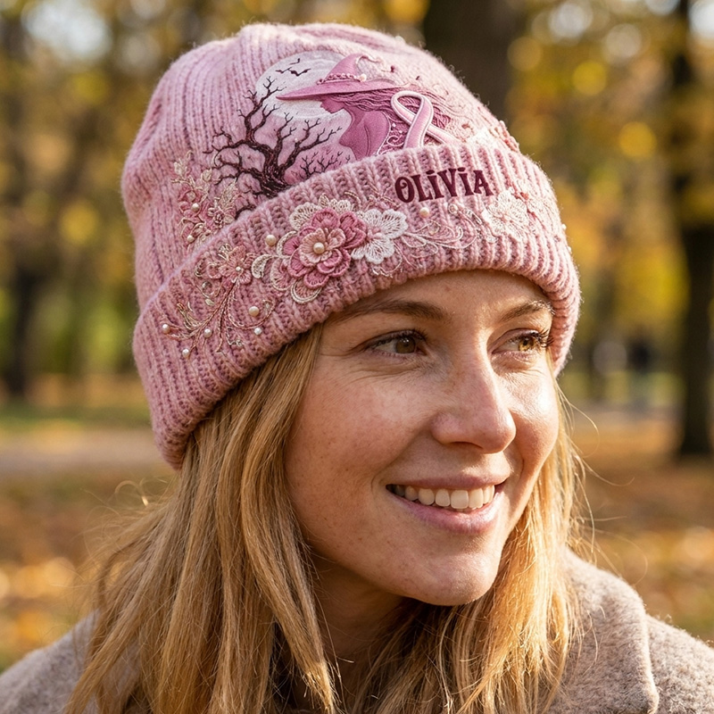 Personalized Breast Cancer Awareness Knit Beanie Pink Ribbon Tree Moon Pattern Name Hat For Women Winter Warm