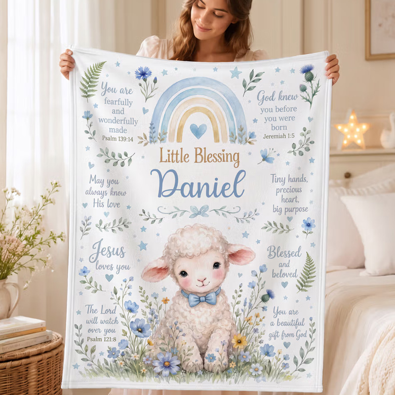 Personalized Flower Lamb Christian Blessing Quotes Soft Warm Throw Blanket with Name Room Decor Baby Shower Baptism Gift for Kid Newborn