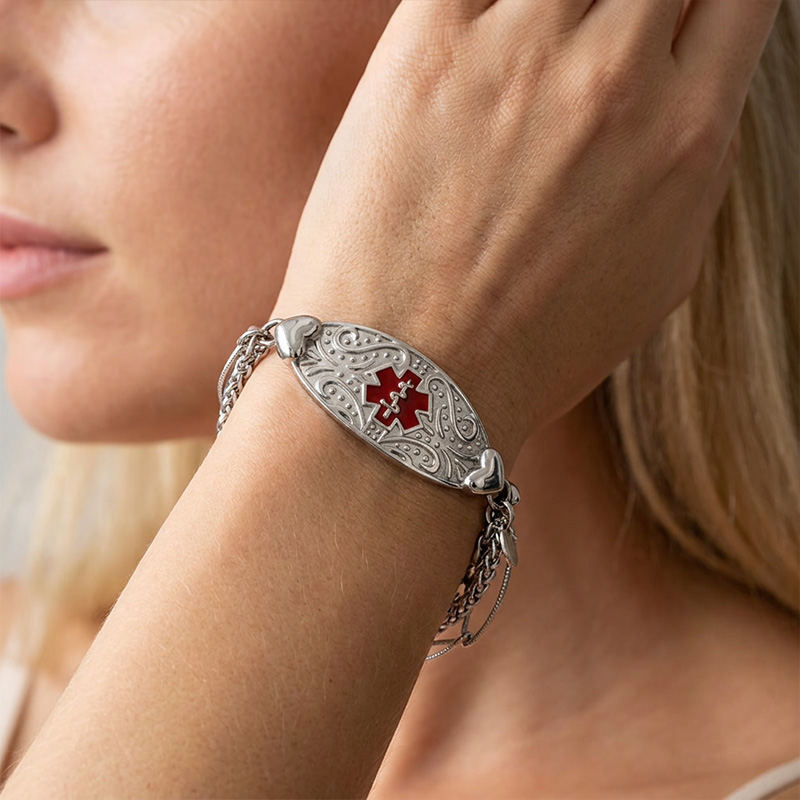 Personalized Star of Life Adjustable Medical Alert ID Emergency Multi-Layer Bracelet with Engraved Text Gift for Allergy Diabetic Women