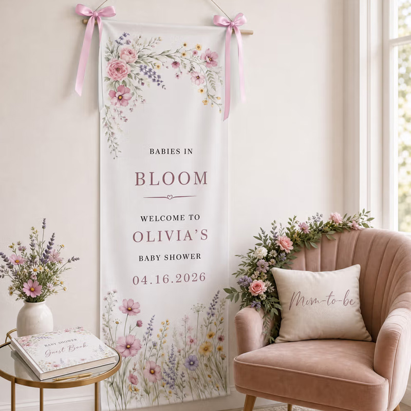 Personalized Wildflower Baby in Bloom Bow Welcome Banner with Name and Date Party Decor Baby Shower Gender Reveal Gift for Expecting Mom