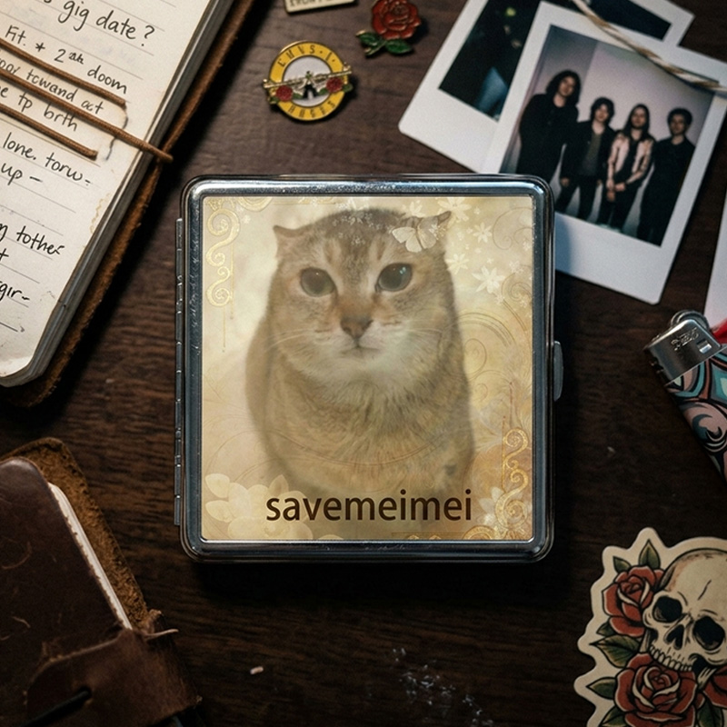 Personalized Save Meimei Cat Cigarette Case Funny Meme Cat Metal Smoking Box Portable Pocket Holder Gift For Fans