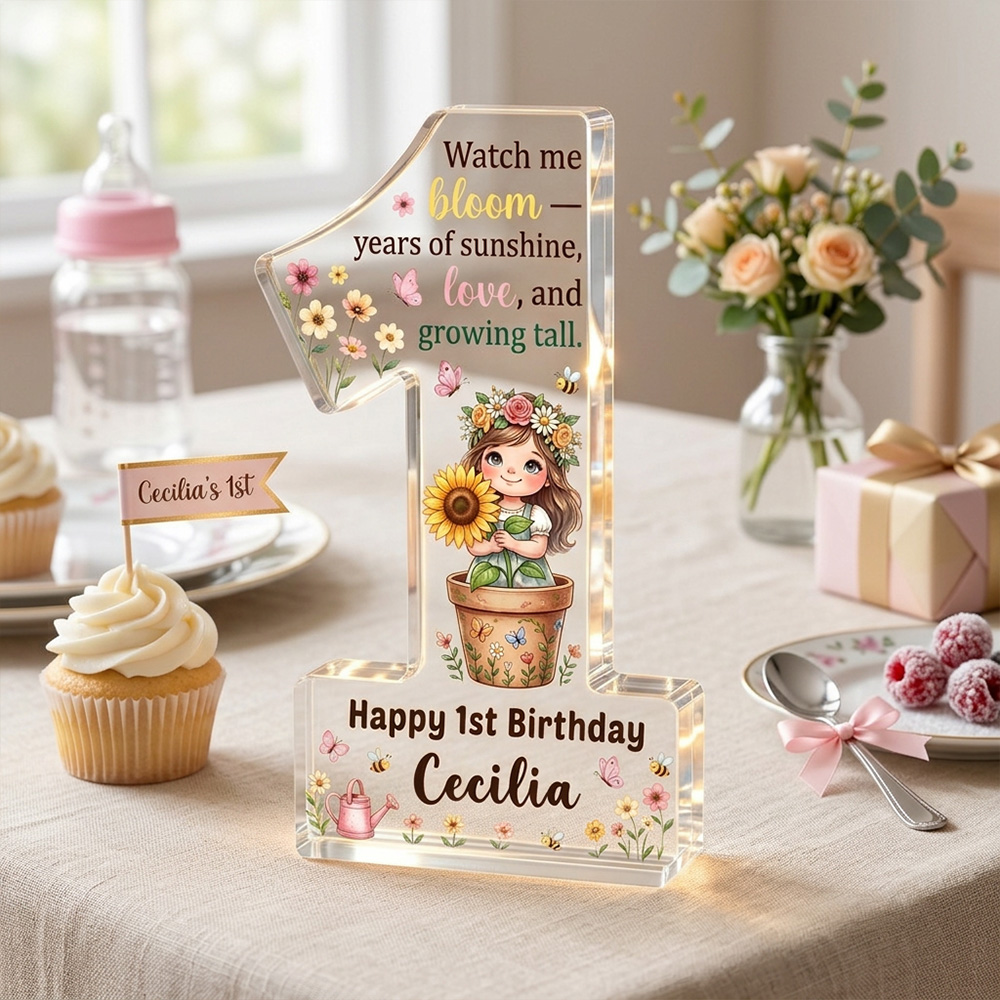Personalized Floral First Birthday Acrylic Plaque Custom Name Keepsake Gift For Baby Girls Bloom Theme