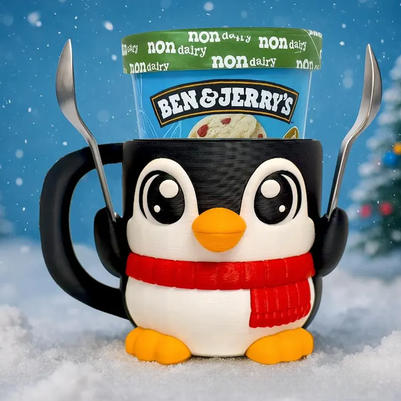 Cute Penguins Wearing Scarves Ice Cream Pint Holder 3D Printed with 2 Spoon Slots Cozy Birthday Gifts for Kids
