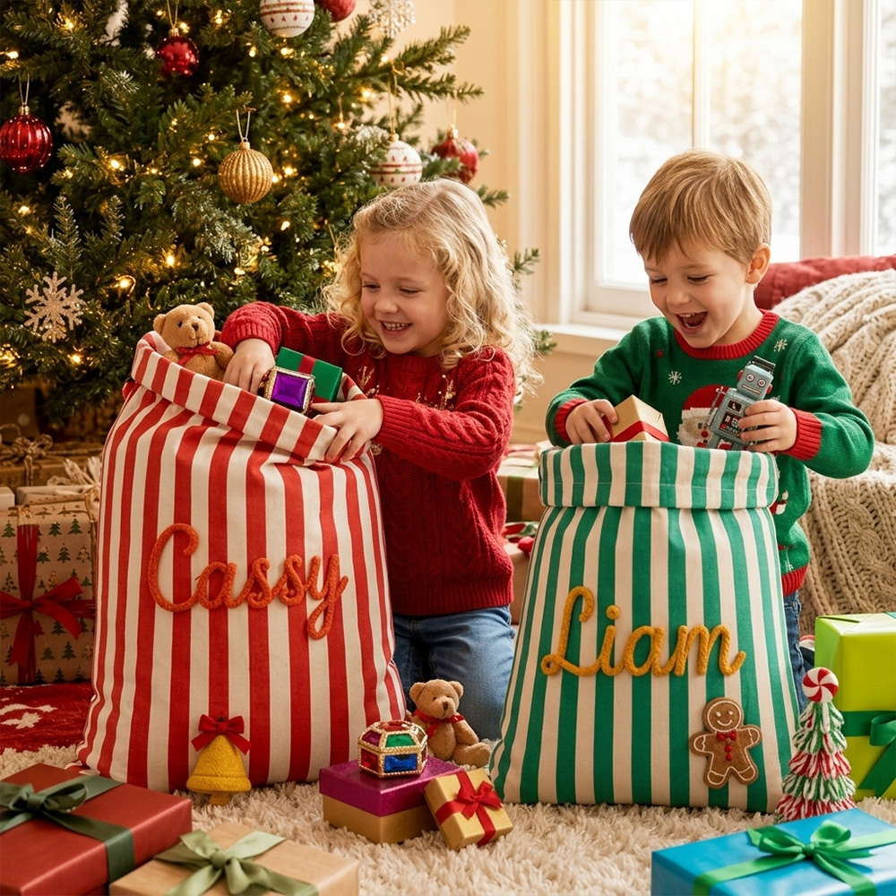 Personalized Striped Christmas Gift Sack Large Name Santa Bag With Gingerbread And Bow Holiday Present Storage For Kids