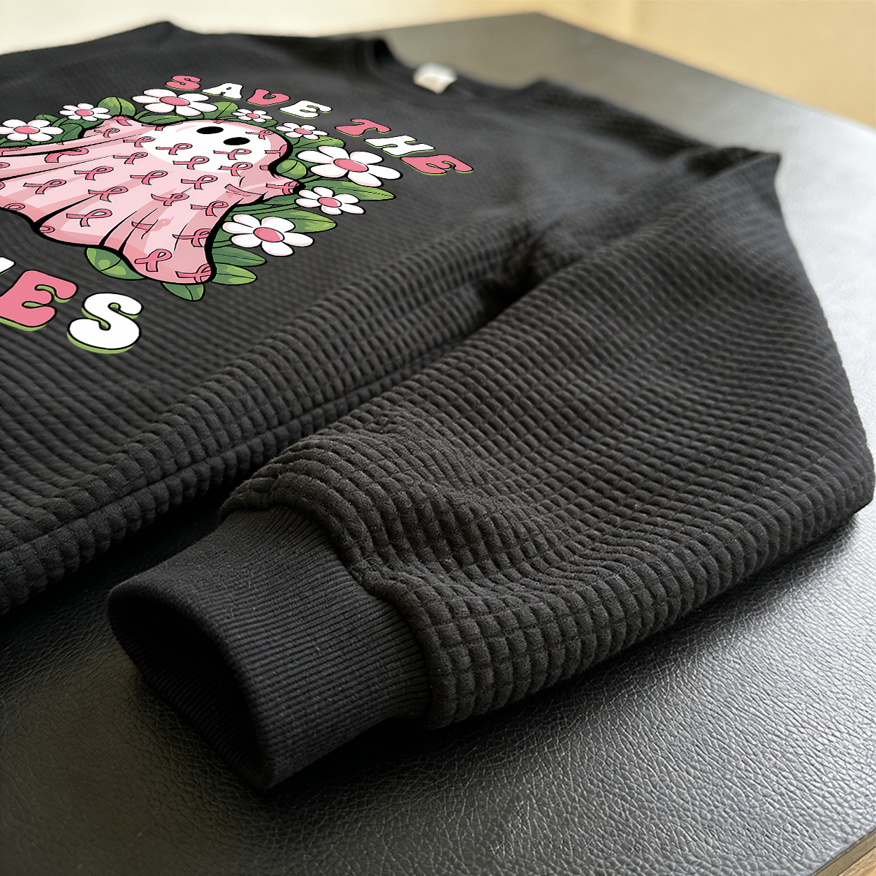 Women's Cute Cartoon Ghost Pink Ribbon Waffle Knit Sweatshirt, Halloween Flower Graphic Pullover, Breast Cancer Awareness Casual Long-Sleeve Top