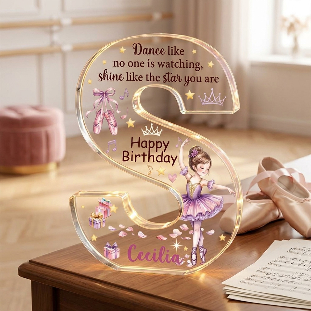Personalized Ballerina Initial Acrylic Plaque Cute Pink Dance Girl Happy Birthday Gift For Daughter Kids Room Nursery Keepsake Decor
