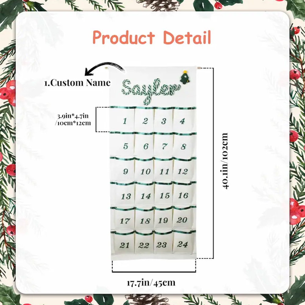 Personalized Handmade Name Yarn Name Christmas Hanging Advent Calendar Family Tradition Reusable Christmas Advent Calendar with 24 Large Pockets
