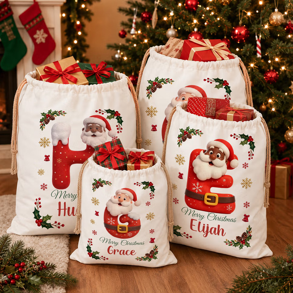 Personalized Merry Christmas Santa Claus Canvas Drawstring Gift Bag with Name and Initial Christmas Eve Gift for Kids