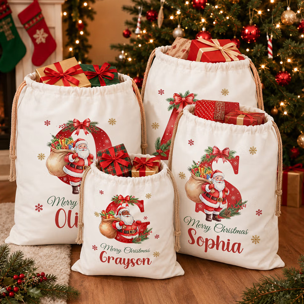 Personalized Merry Christmas Santa Claus Canvas Drawstring Gift Bag with Name and Initial Christmas Eve Party Gift for Kids