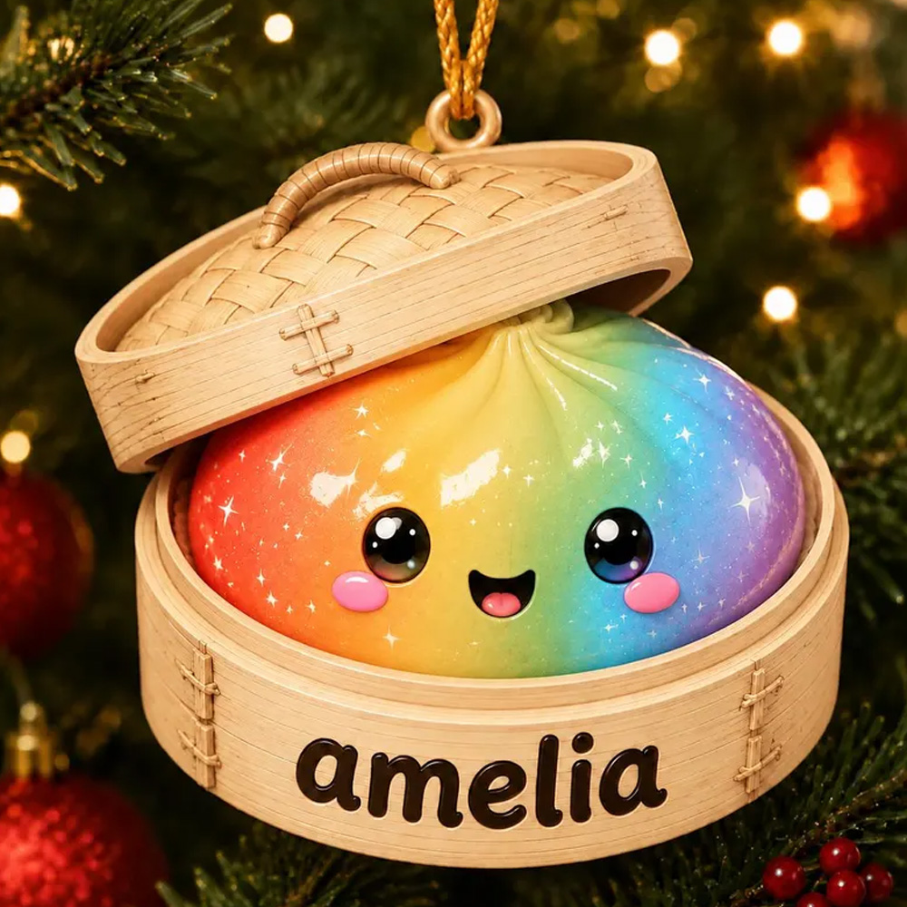Personalized Kawaii Glitter Dumpling Christmas Ornament Cute Squishy Bao Custom Name Rainbow Pastel Kids Holiday Tree Decoration 